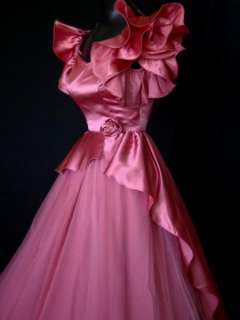 VTG 60s Pink Satin & Tulle Peplum Ball Gown Party Dress XS  