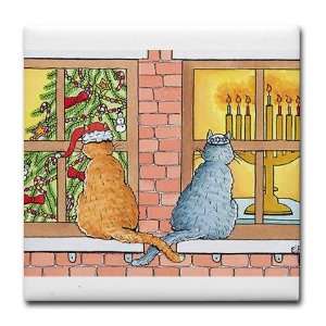 Chrismukkah Curious Cats Christmas Tile Coaster by   