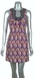   Design Short U Neck Purple Wave Print Silk Dress Multi Color 10  