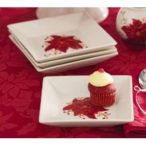  Red Poinsettia Christmas Holiday Square Dessert Plates   6 