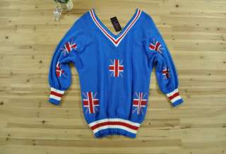 Korea new style fashion blue V collar UK flag knit top  