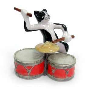 BLACK and WHITE CAT ALLEY Cat plays DRUM SET Porcelain NORTHERN ROSE 