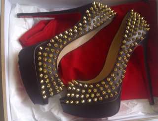 CHRISTIAN LOUBOUTIN Lady Peep Gold Spikes ~ Womens Shoes Heels ~ Size 