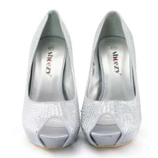   silver sequins open toe high heel platform shoes size 5   10  