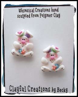 Beckys Polymer Clay  White Chubby Bunny Earrings, Post  