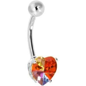  14k White Gold Rainbow Effect Cz Heart Belly Ring Jewelry