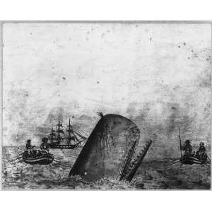  Harpooned Whale,1831,sailing ship and 2 boats