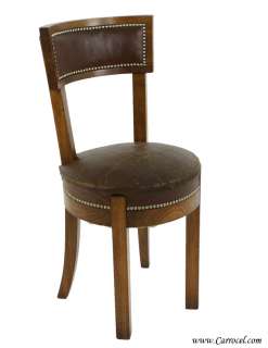 Antique Art Deco Curved Back Leather Side Chair from France 1930s 
