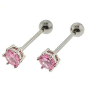 Tongue Barbell with Round, Pink CZ, 6 Prong Set, 8mm Gem   14G, 15.5mm 