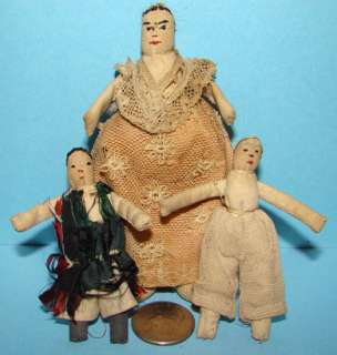 Cloth Pocket Doll Family of 3 C1870 80 Miniature Child  