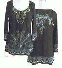 Krista Lee Cheyenne Black/Turquoise Embroidered/Beaded Blouse Top Size 
