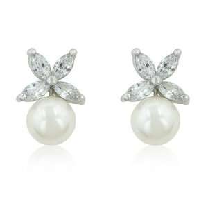PEARL JEWELRY   Flower Shape White Shell Pearl Earrings with Marquise 