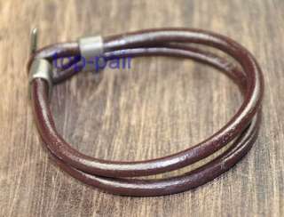 Mens Cool Double 4mm Leather Bracelet Wristband Brown  