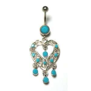  Stainless Steel Heart Belly Ring with Turquoise Color CZ Jewelry