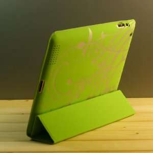  Green / Flowers Design PU Leather Flip Stand Case / Cover 