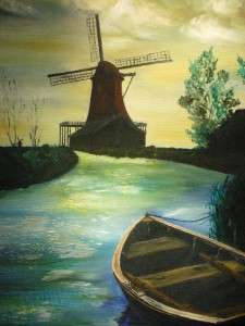 OIL PAINTING ON CANVAS BOAT RIVER WINDMILL LANDSCAPE SG  