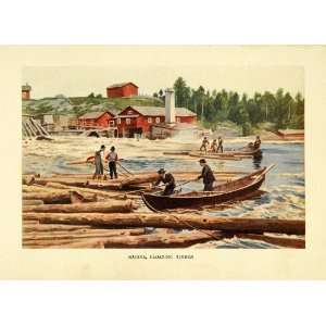 1908 Print Kajana Timber Lumber Canoe Finland Suomi Kajaani Wood Mill 