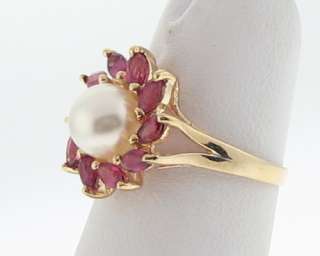 Cultured Pearl Natural Ruby Solid 14k Yellow Gold Ring FREE Sizing 