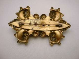 Vintage Filigree Brass Art Glass Stone Brooch Pin  