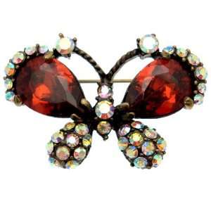 Acosta   Red CZ Crystal & Rainbow AB   Small Vintage Butterfly Brooch
