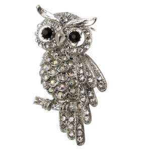 Acosta   Clear & AB Crystal Silver Colored Owl Brooch 