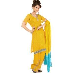  Spruce Yellow Salwar Kameez Suit with Crewel Embroidery 