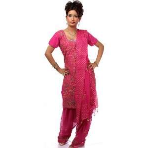 Fuchsia Salwar Kameez Suit with Painted Bootis and Embroidered Sequins 