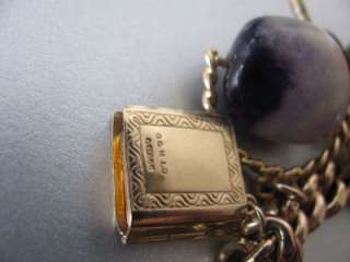 Vintage 9CT Rose Gold Albert Charm Bracelet 10 Charms Blue John 