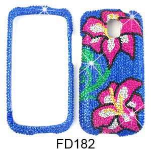   COVER FOR LG OPTIMUS T P509 P500 RHINESTONES TWO PINK FLOWERS ON BLUE