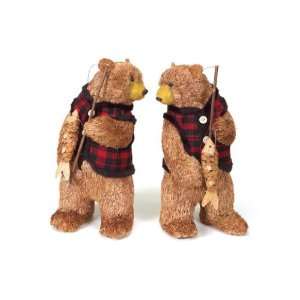  Set of 2 Rustic Lodge Standing Bears in Plaid Vests with 