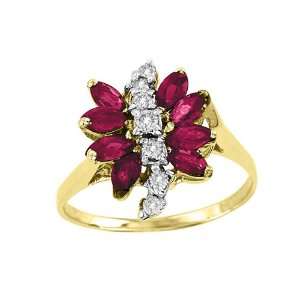  Marquise Ruby & Diamond Coctail Ring 14K Yellow Gold 