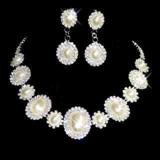   Bridesmaid Bridal Set clear rhinestone imitate pearl necklace earrings