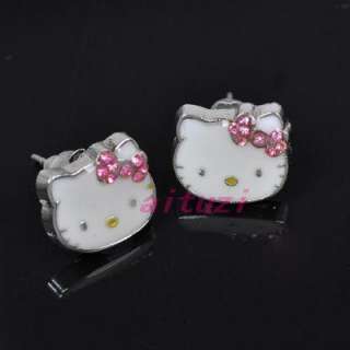   Kitty pink bow crystal earring earbob lovely xmas gift E29  