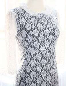 PETER PAN COLLAR CREAM WHITE FLORAL LACE 3/4 SLEEVES DRESS L  