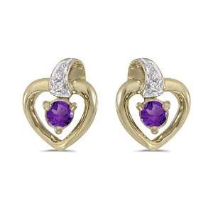  Yellow Gold Round Amethyst and Diamond Heart Shaped Earrings Jewelry
