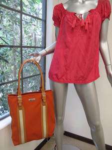 Gucci Orange Canvas Tan & Beige Leather Strap/Trim Large Tote  