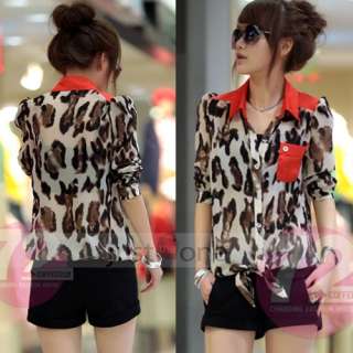trendy womens ladies girls sexy leopard long sleeve chiffon shirt tops 