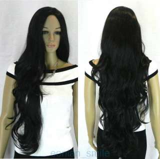 New Stylish Extra Long Wavy Black Womens Wig + Gift  