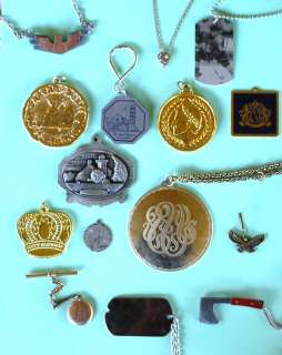 LOT 15 PENDANTS MEDALLIONS CHARMS DOG TAGS LOCKET BRASS PEWTER 