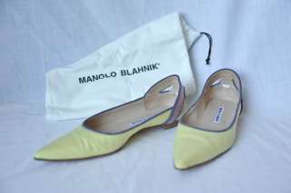 MANOLO BLAHNIK Yellow Linen Canvas / Navy Piping Pointy Flat Shoe 7 37 