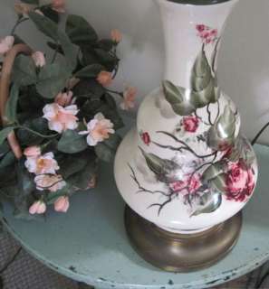 WHITE GLASS w PINK ROSES & GREEN LEAVES Vintage SIGNED 1940s Table 