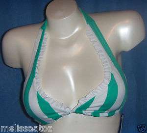 NWT Jessica Simpson white green stripe ruffle halter bikini top XS S M 