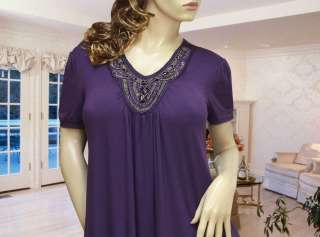 PURPLE BEADS V NECK BABY DOLL TUNIC TOP #1278 SIZE L XL  