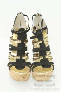 Jimmy Choo Black Suede & Gold Leather Strappy Cork Wedge Sandals Size 
