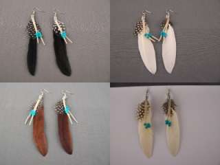 Turquoise beads feather dangle earrings faux suede cord 4 long  