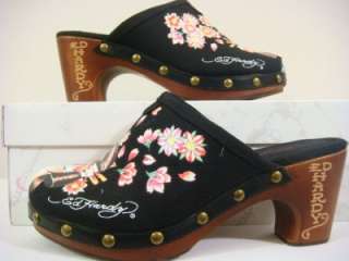 Ed Hardy women geisha clogs shoes mules black heels NEW  