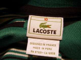 Lacoste Boys Alligator Green Navy Striped Short Sleeve Polo Shirt Top 