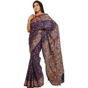  Navy Blue Kantha Sari with Hand Embroidery All Over   Pure 