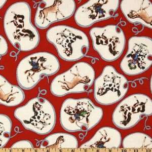  44 Wide Paper Doll Cowboy Lassoed Horses Red Fabric By 