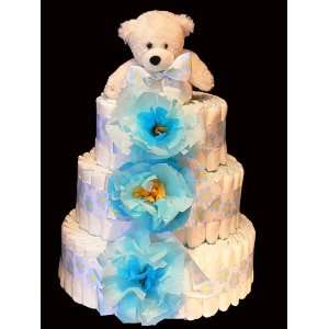 Tier Baby Blue Babyshower Diaper Cake, Decorated with Handmade Paper 